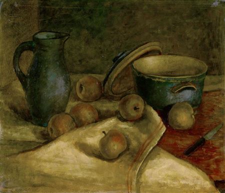 Still life with a jug, a lidded container and apples