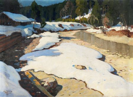 Sunny winter landscape by Alfred Poell - Auction record, sale price, and art valuation. Compare with similar artists and explore comparable artworks.