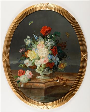 Flower piece with titmouse and butterflies