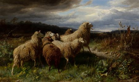 Sample artwork by Johann Baptist Hofner (1832 - 1913), known for rural landscape, genre, animal painting - View similar artists and auction records