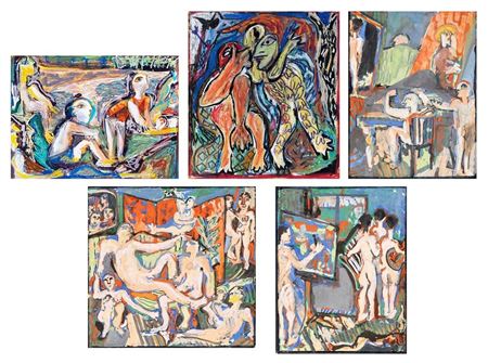 String Quartet, Artists, Models and Lovers, and The Piano Player, triptych, 1981; Tamino and Papagino from The Magic Flute, 1980 AND Bathers at Penny Rock, 1981