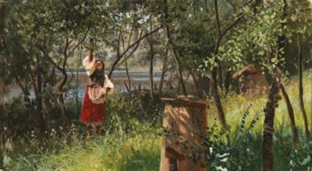 Bauernmädchen am Fluss, rückseitig alt betitelt und bezeichnet