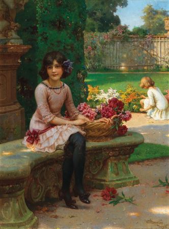 A Girl with Flowers Sitting on a Park Bench