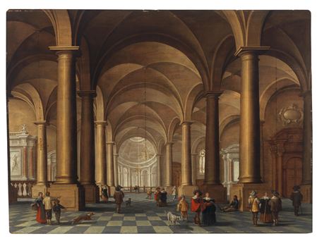 A church interior with elegant figures