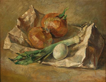 Still life with an onion and a leek