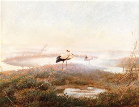Three Storks in the Fog by Karl Ewald Olszewski - Auction record, sale price, and art valuation. Compare with similar artists and explore comparable artworks.