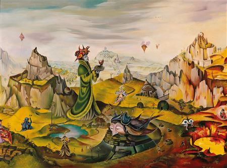 Phantastische Landschaft mit Vogelfreund