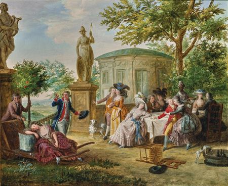 Elegant figures dining in a classical garden