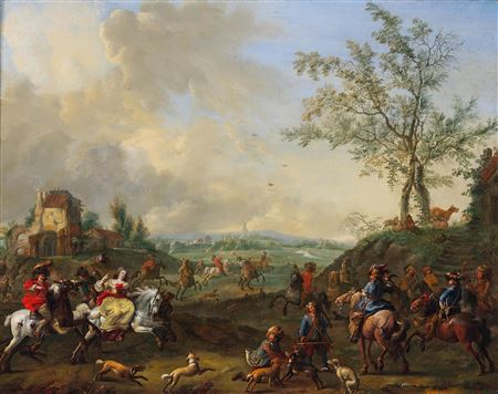 Elegant riders in a hunting scene with falcons