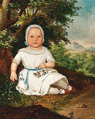 A Girl in a White Frock with Bonnet before a Landscape Background