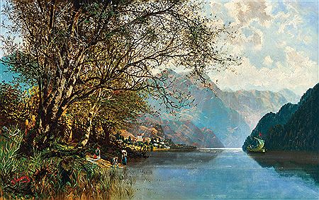 Lake Millstättersee with Washerwomen by Georg Schonreither - Auction record, sale price, and art valuation. Compare with similar artists and explore comparable artworks.