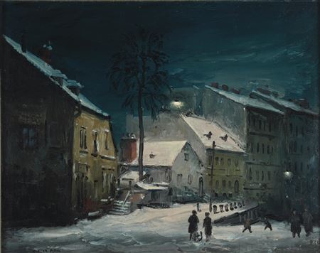 Wintry Village Street at Night