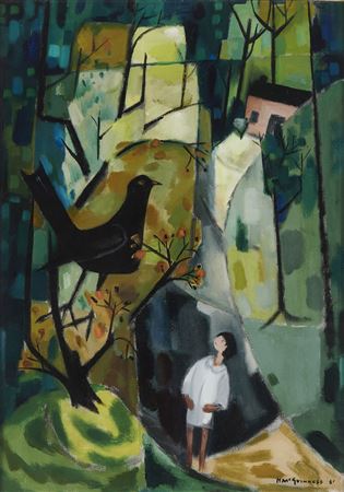 BLACKBIRD AND GIRL IN A LANDSCAPE WITH COTTAGE by Nora (Norah) McGuinness - Auction record, sale price, and art valuation. Compare with similar artists and explore comparable artworks.