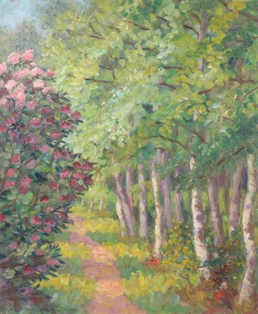 Rhododendrons near a tree lined path by Willem Schoonhoven van Beurden - Auction record, sale price, and art valuation. Compare with similar artists and explore comparable artworks.