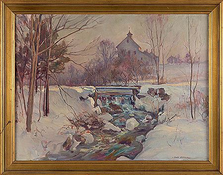 Winter Landscape With Stream And Farmhouse