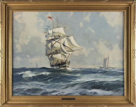 "The Packet Ship Margaret Evans Passing Between Fishermen on the Grand Banks"
