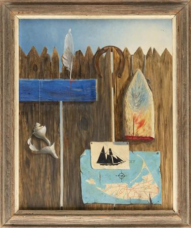 Trompe l'oeil of shells, a buoy, a horseshoe, a drawing and a map of Nantucket on a fence