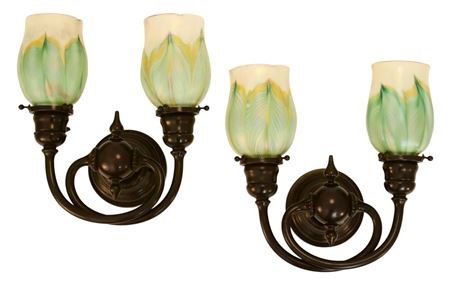 Pair of Two-Light Sconces with "Pulled Feather" Shades