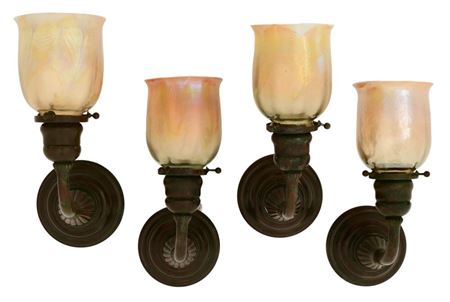 Set of Four Tiffany Studios Sconces with Favrile Glass "Pulled Feather" Shades