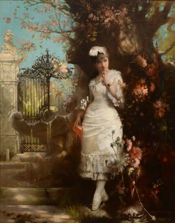 Elegant Woman in a Garden with a Fountain and Gate by Heinrich Hanns Schlimarski - Auction record, sale price, and art valuation. Compare with similar artists and explore comparable artworks.