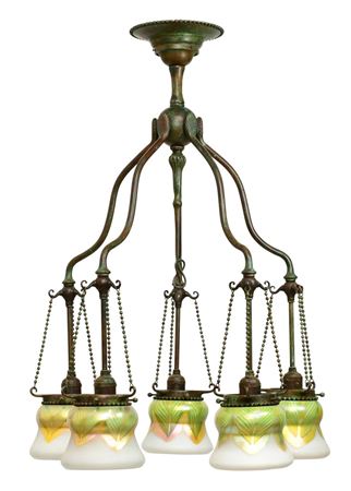 Favrile Glass & Bronze Five-Light Chandelier