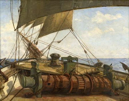 Rigging and windlass on the schooner brig Levante by Hans Christian Koefoed - Auction record, sale price, and art valuation. Compare with similar artists and explore comparable artworks.