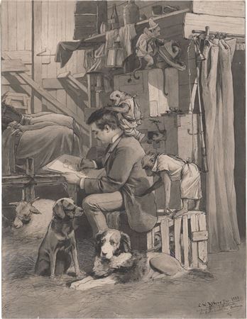 Self-portrait of the artist in Benoit Ahler's Monkey Theater, drawing. by Christian Wilhelm Allers - Auction record, sale price, and art valuation. Compare with similar artists and explore comparable artworks.