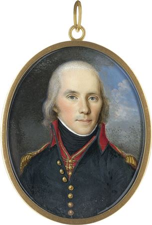 Miniature portrait of a young officer with powdered hair, called Frédéric Marizy (1765 - 1811), in blue uniform with red collar, gold-edged red vest, gold-colored epaulettes and black collar; in front of a cloudy background by Wendelin Moosbrugger - Auction record, sale price, and art valuation. Compare with similar artists and explore comparable artworks.