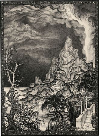 Coastal landscape with volcanic eruption