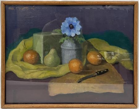 Still Life Fruit and Floral Arrangement Depicting Orange Pear Apple Fruits with a Knife next to them on Table