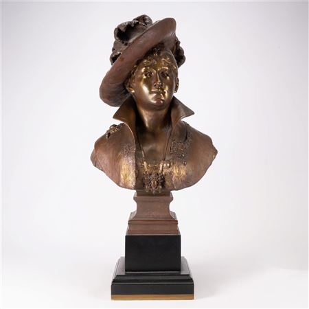 Bust Sculpture of a Woman Wearing an Extravagant Embroidered Dress Jewelry and a Hat with Ostrich feathers