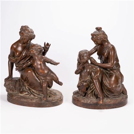 Pair of French Terracotta Sculptures Featuring a Joyus Mother & Young Child Sitting Cherubs Blindfolded