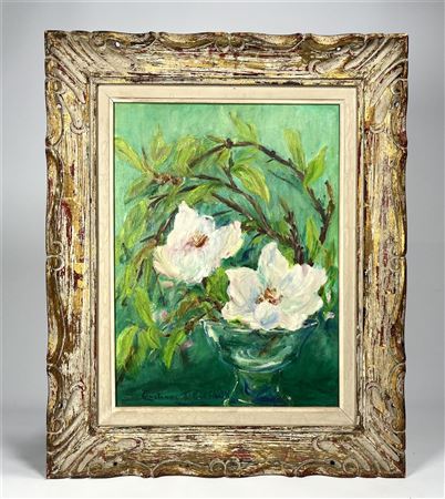 Flowers Blossom In a Clear Vase in Green Background