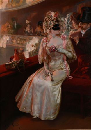 Woman with a mask smiling at the balcony of a theater, 1901 by Manuel Cusi Y Ferret - Auction record, sale price, and art valuation. Compare with similar artists and explore comparable artworks.