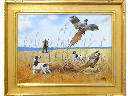 A Setter and Pointer Flushing Two Pheasant with a Hunter Taking Aim