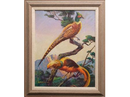 Depicts a ringneck and golden pheasant in a western scene