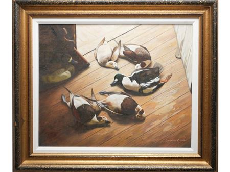 Depicts five dead ducks and a bluebill hen decoy with butt of shotgun top left.