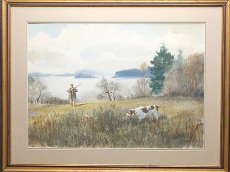 Depicts a hunter and Brittany spaniel on point.