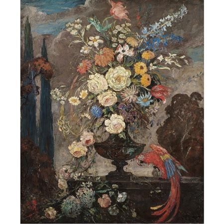 Still life with Flowers and Macaw