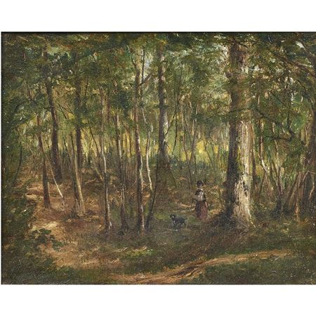 Untitled (Wooded Scene with Lady and Dog)
