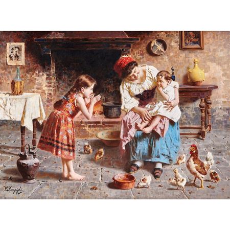 Interior with Mother, Children and Chickens
