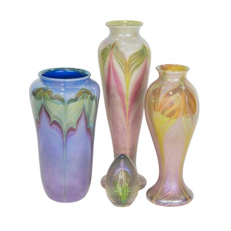 IRIDESCENT ART GLASS VASES AND PAPERWEIGHT (3)