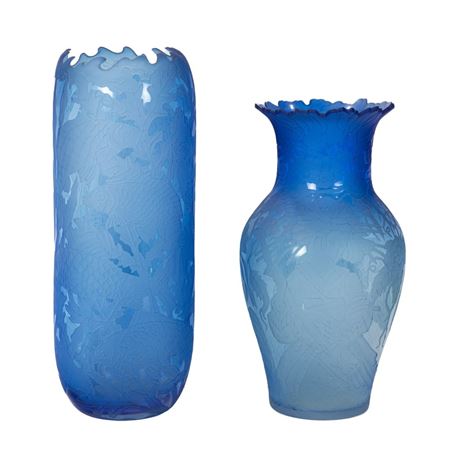 ENGRAVED BLUE GLASS VASES (2)