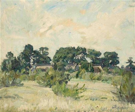 Summer landscape with a farm under the trees