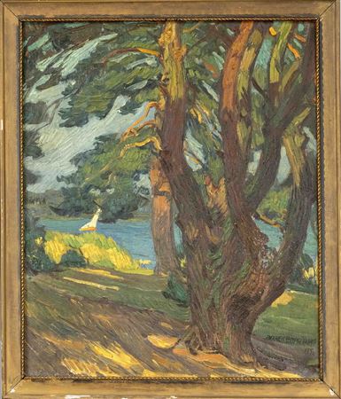 Impressionism at the water's edge in summer with a sailboat