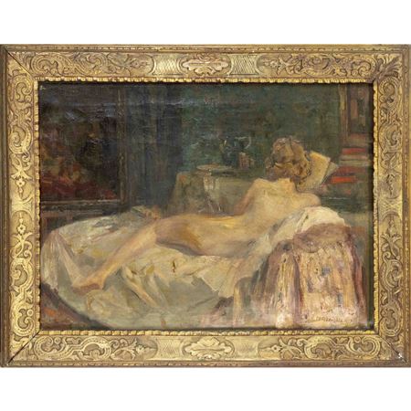 Reclining female supine nude reading a book