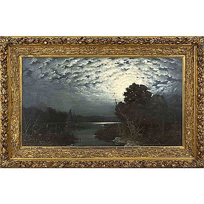 Monumental shore landscape with sailing boat in the moonlight by Eduard Schmidt - Auction record, sale price, and art valuation. Compare with similar artists and explore comparable artworks.