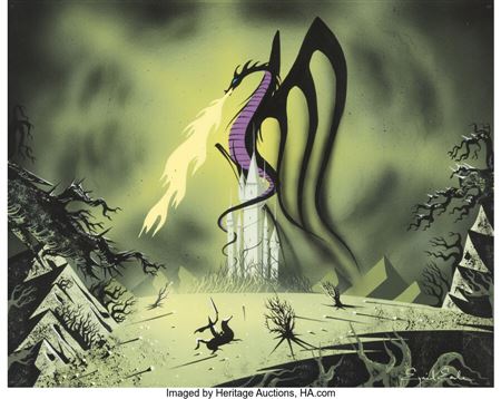 Eyvind Earle - Sleeping Beauty Prince Phillip, Samson, and Maleficent as a Dragon 15" x 12" Concept Painting (Walt Disney, 1959)