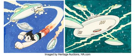 Osamu Tezuka Astro Boy Vs Saucers Kamishibai IIllustration Original Art Group of 2 (Koide Nobuhirosha, 1963)