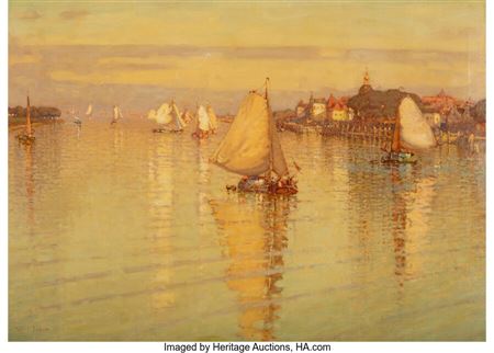 Sailboats on the Canal at Dawn by Peter Moffat Lindner - Auction record, sale price, and art valuation. Compare with similar artists and explore comparable artworks.